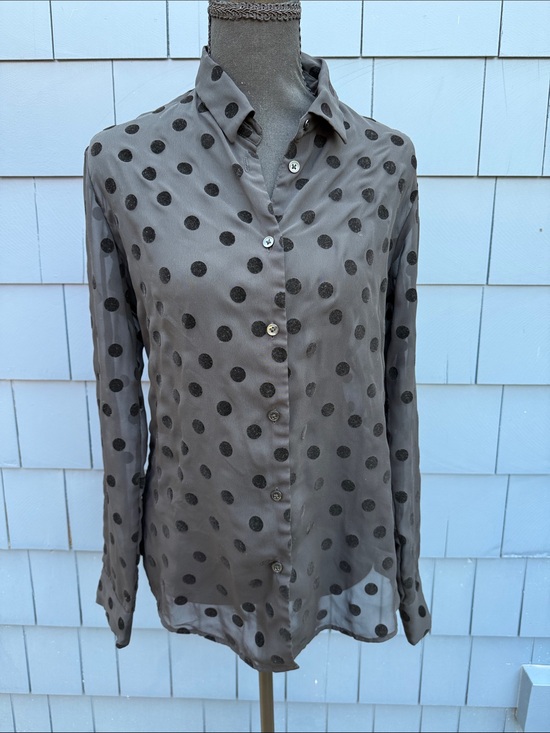Carine Roitfeld Tops - Polka Dot Button-Down Shirt Blouse in Taupe with Black Dots medium velvet
